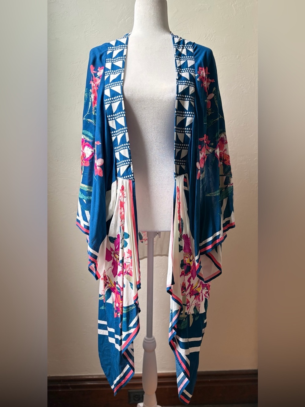 Flying Tomato Floral Open Front Kimono Cardigan Blue Pink Boho M/L